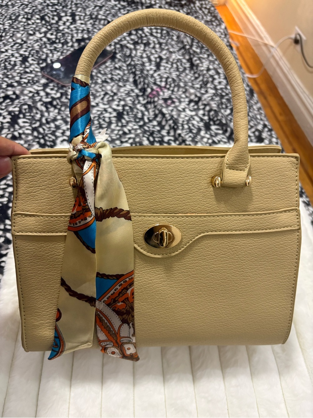& Other Stories Cream Top-Handle Satchel with Patterned Scarf